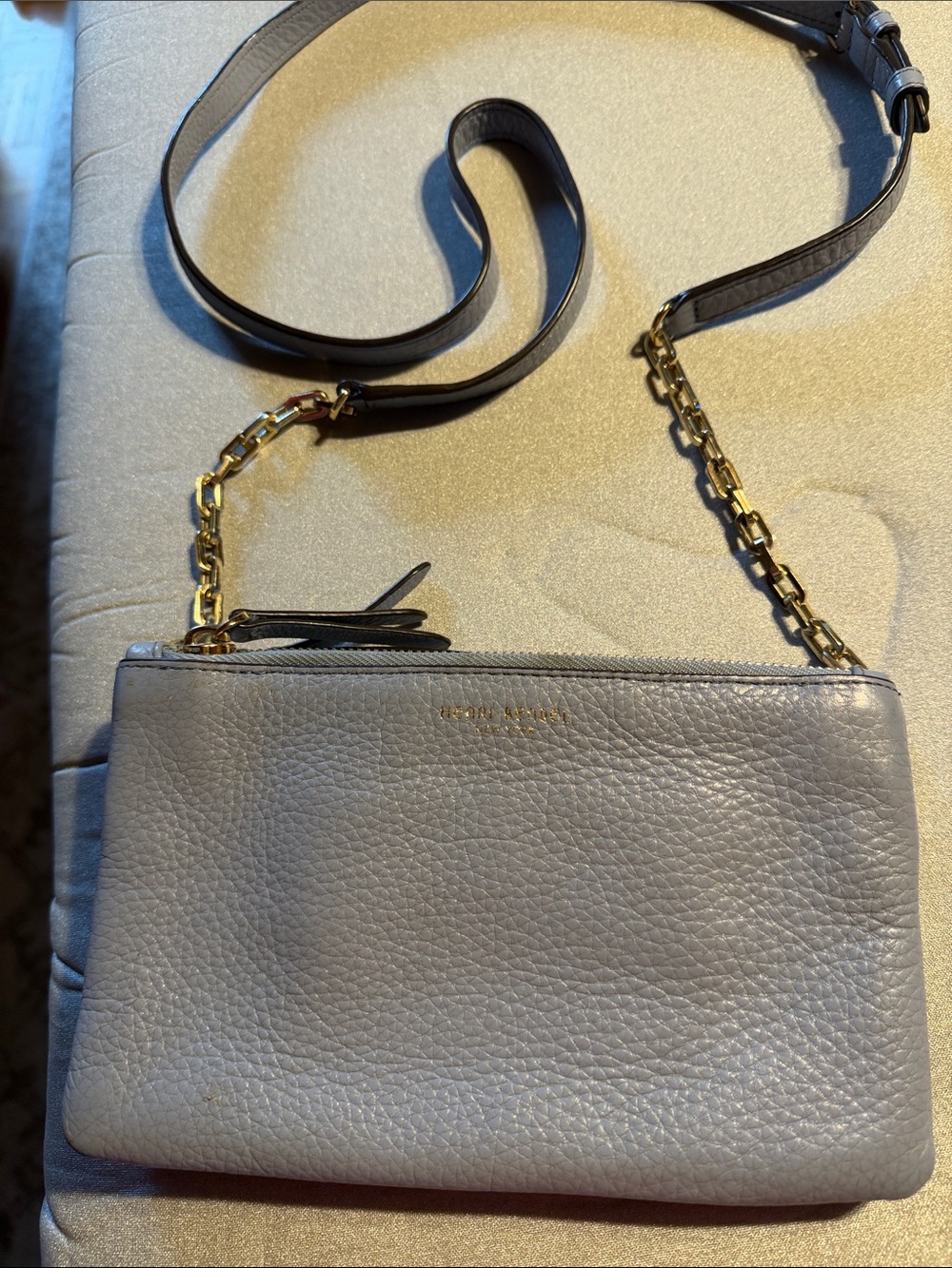 Henri Bendel Pebbled Leather Crossbody in Light Blue with Gold Chain